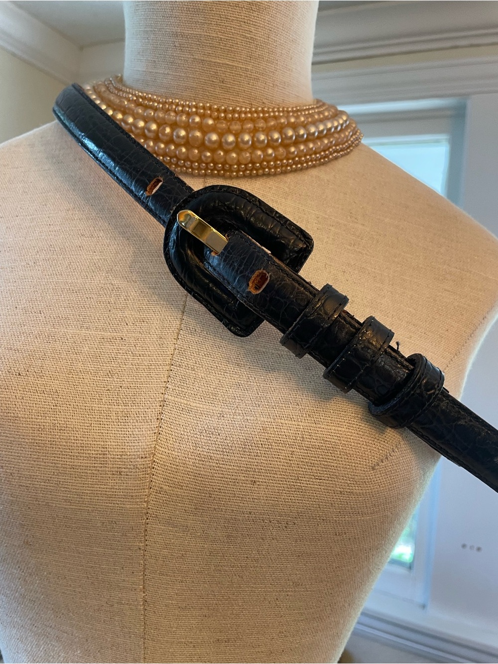 Black Croc-Embossed Leather Belt with Gold Buckle - Women's Accessory 30”